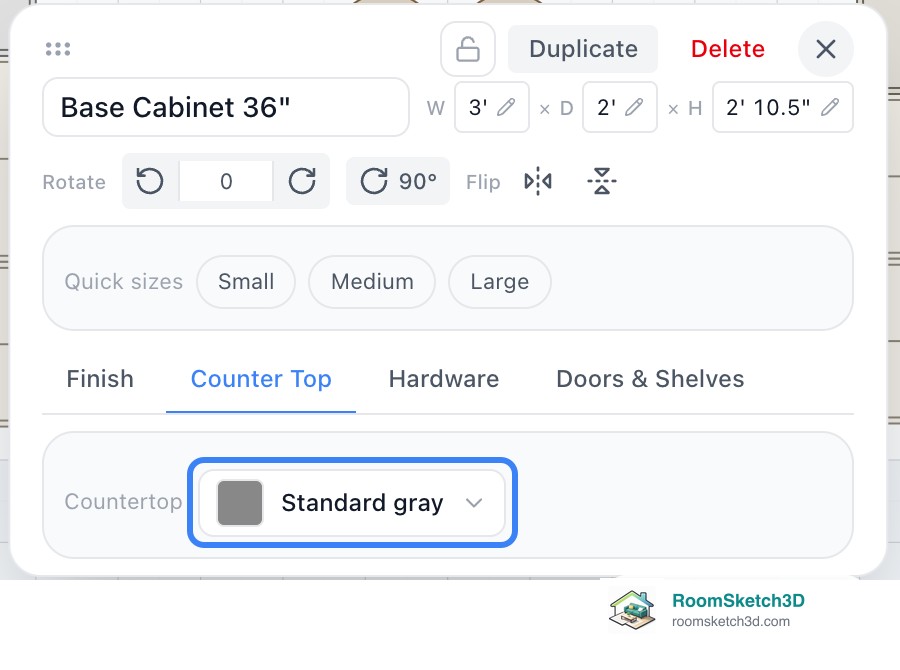 The panel for a Base Cabinet 36 inch in RoomSketch3D with the Counter Top tab selected and the Countertop button reading Standard gray highlighted