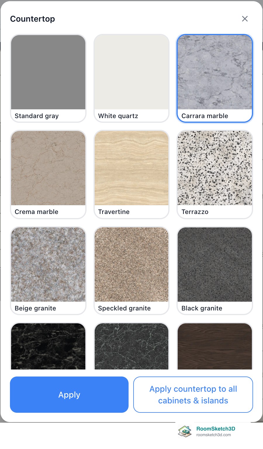 The Countertop gallery: photo cards for Standard gray, White quartz, Carrara marble (selected), Crema marble, Travertine, Terrazzo, Beige granite, Speckled granite, Black granite and more, with Apply and Apply countertop to all cabinets & islands buttons — RoomSketch3D home design app