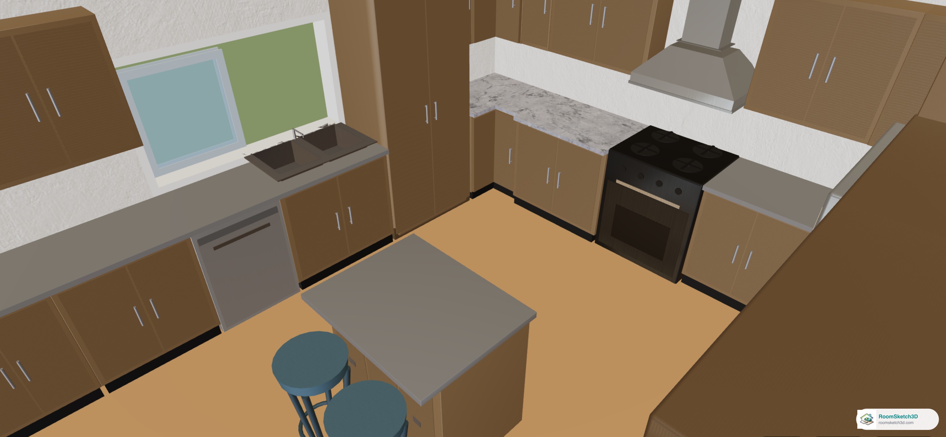 3D view of a kitchen where the counter run from the corner to the range is Carrara marble while the sink run and the island are still standard gray — RoomSketch3D home design app