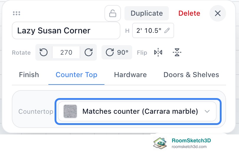 The Counter Top tab of a Lazy Susan Corner cabinet with the Countertop button reading Matches counter (Carrara marble) — RoomSketch3D room planner app