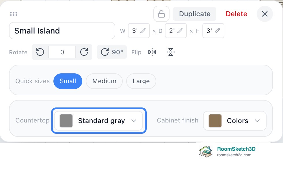 The panel for a Small Island in RoomSketch3D with the Countertop button reading Standard gray highlighted, next to the Cabinet finish button