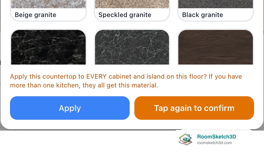 The bottom of the Countertop gallery after tapping Apply countertop to all cabinets & islands: an amber note asks to apply this countertop to every cabinet and island on this floor, and the button reads Tap again to confirm — RoomSketch3D floor plan creator