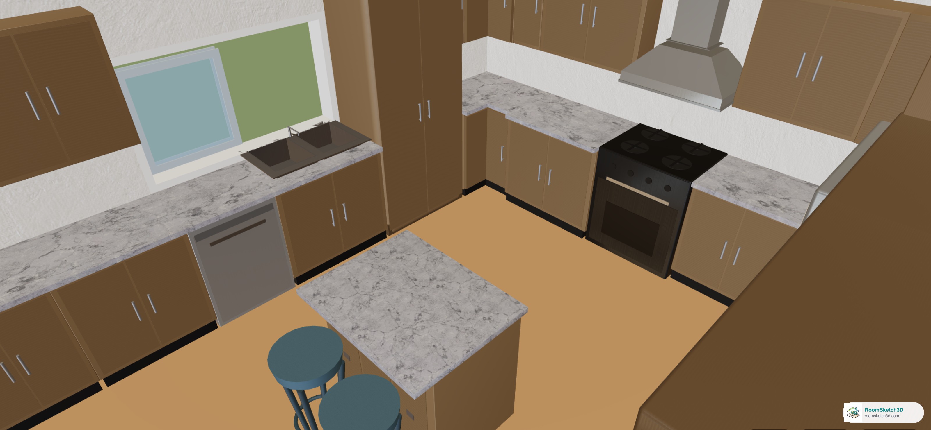 3D view of a U-shaped kitchen with Carrara marble on every counter and on the island, a double-bowl sink set into the marble, and a dishwasher under it — RoomSketch3D 3D floorplan software