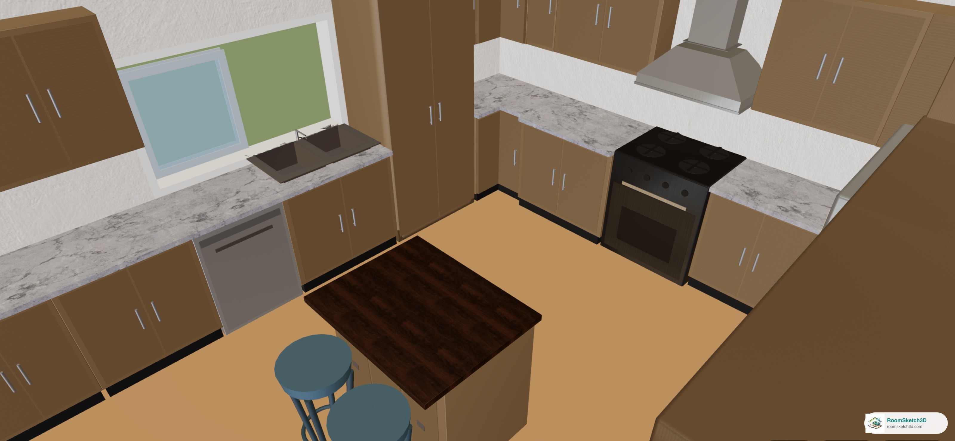 3D view of the same kitchen with Carrara marble counters along the walls and a walnut butcher block top on the island — RoomSketch3D home design app