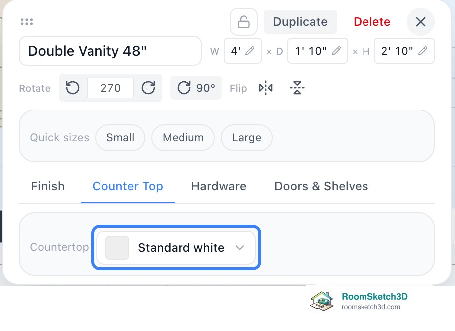 The panel for a Double Vanity 48 inch in RoomSketch3D with the Counter Top tab selected and the Countertop button reading Standard white highlighted