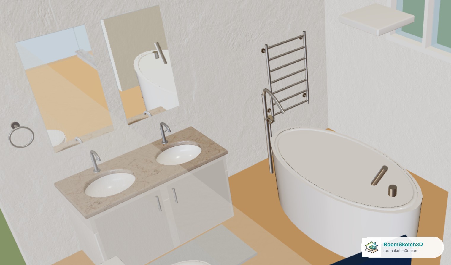 3D view of a double vanity with a Crema marble top and two white porcelain basins, under two mirrors — RoomSketch3D home design app