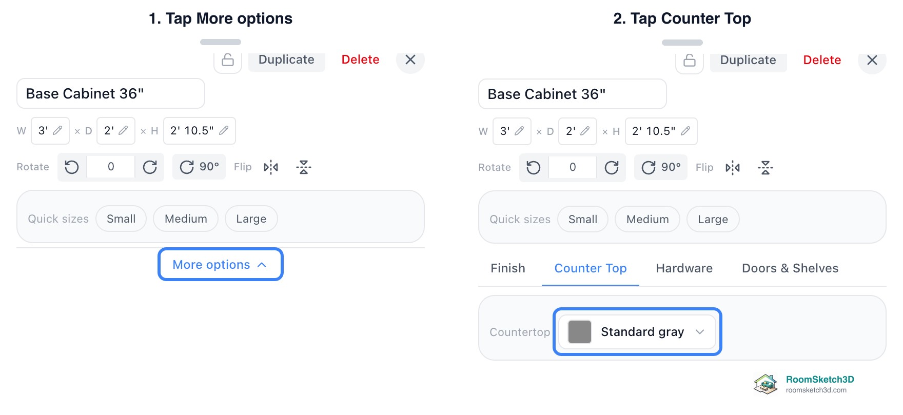 Two phone screenshots: the short panel for a Base Cabinet 36 inch with More options highlighted, then the expanded panel with the Counter Top tab and the Countertop button reading Standard gray highlighted — RoomSketch3D floor plan creator