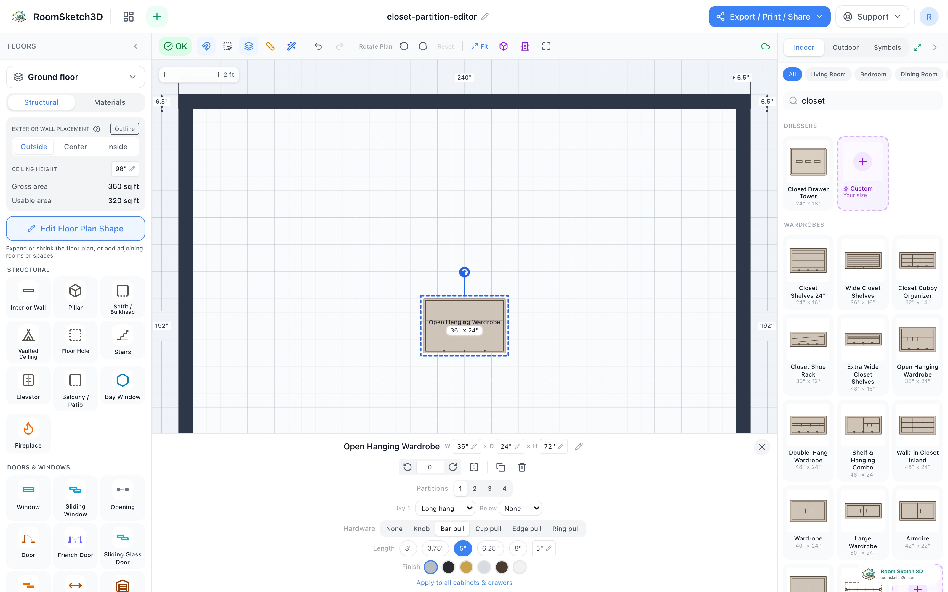 The closet partition editor showing the Partitions 1–4 buttons and a per-bay fill dropdown — RoomSketch3D room planner app