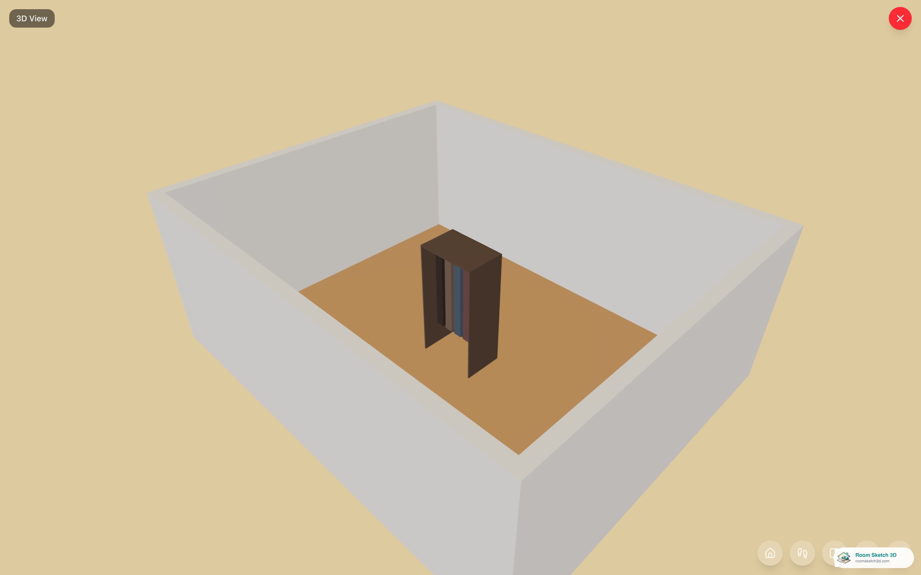 The configured open closet rendered in 3D, showing rods, shelves, and drawers by bay — RoomSketch3D floor planner