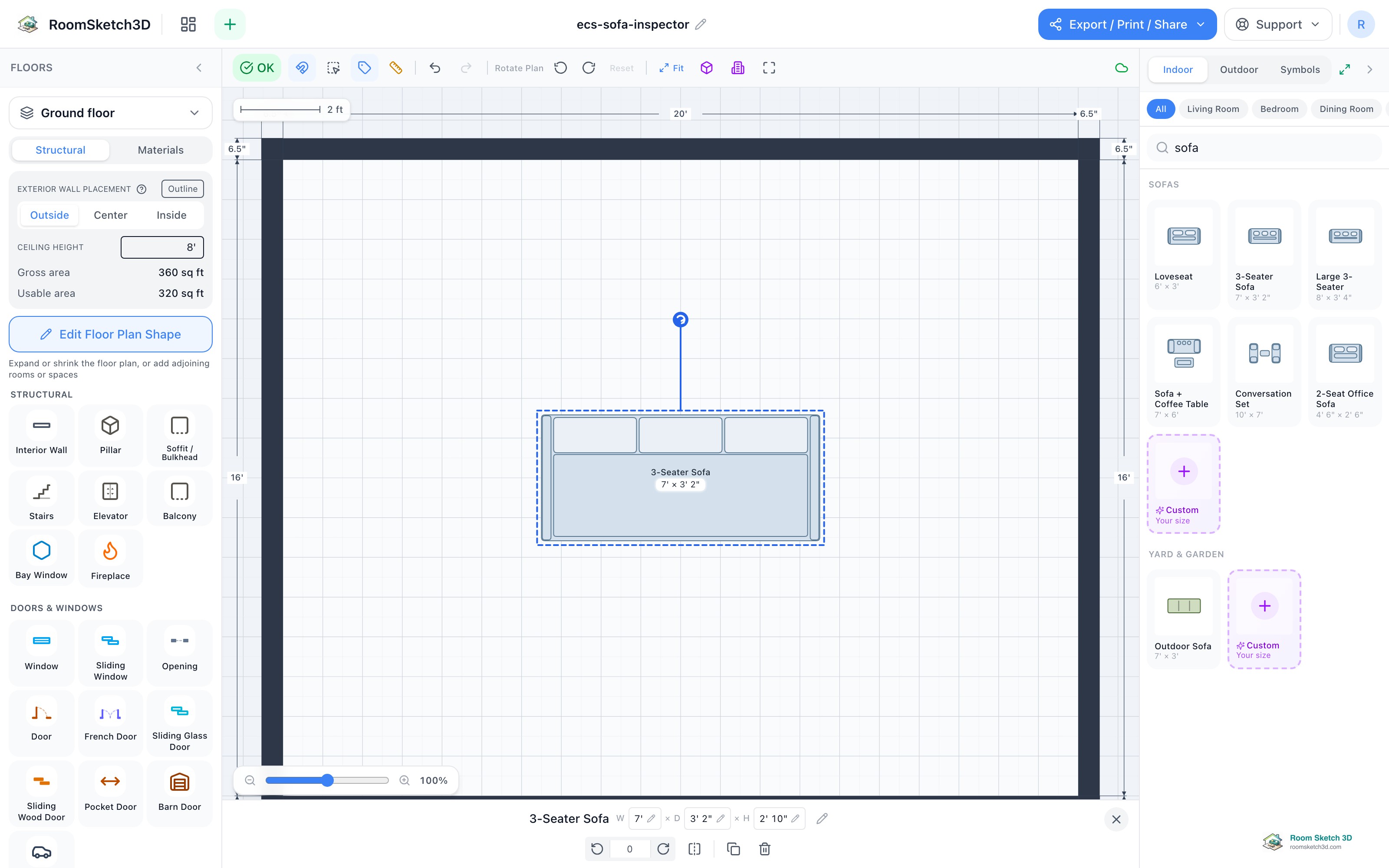 A selected sofa with editable width, depth, and height fields in the inspector