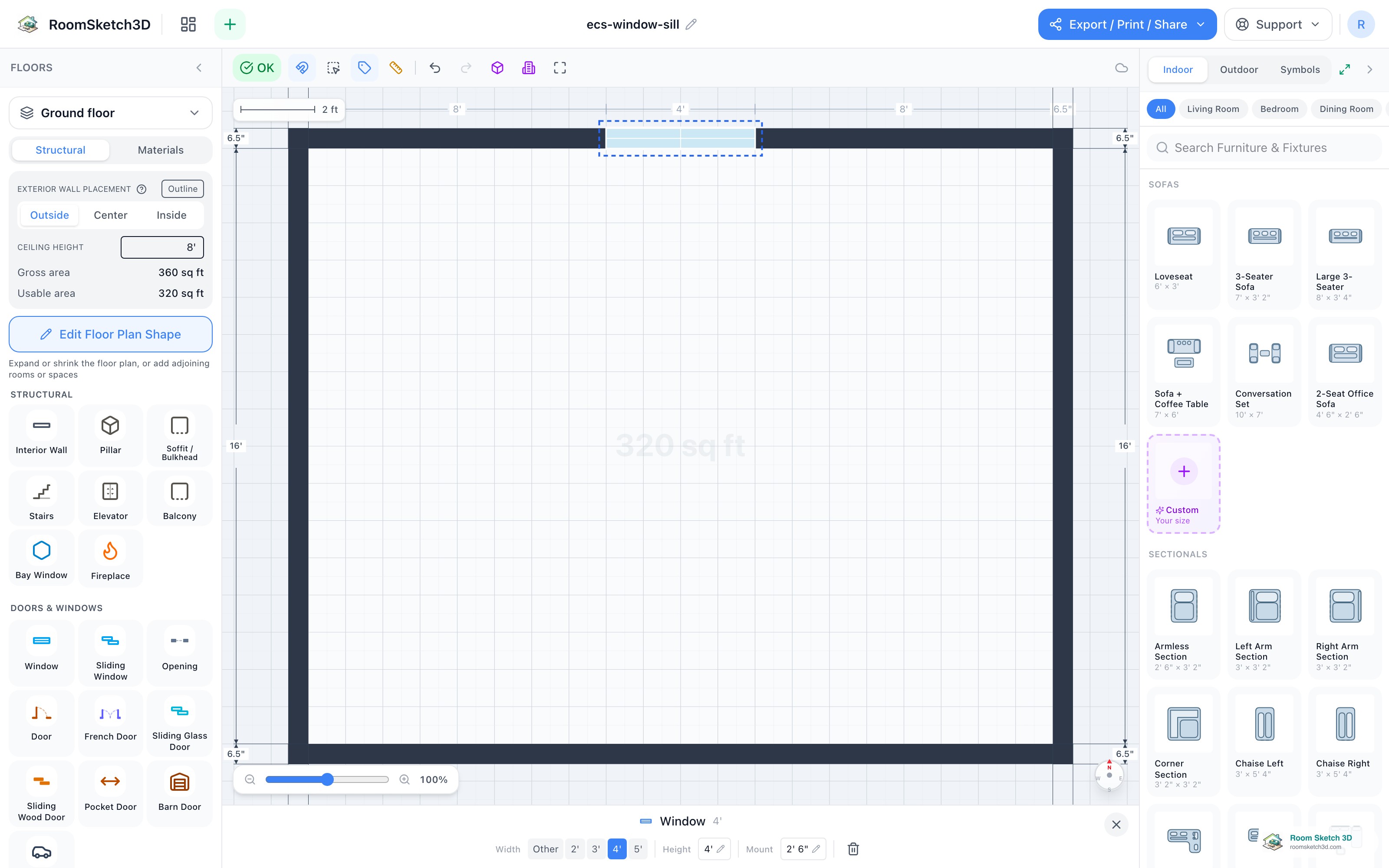 A selected window with its size fields in the inspector