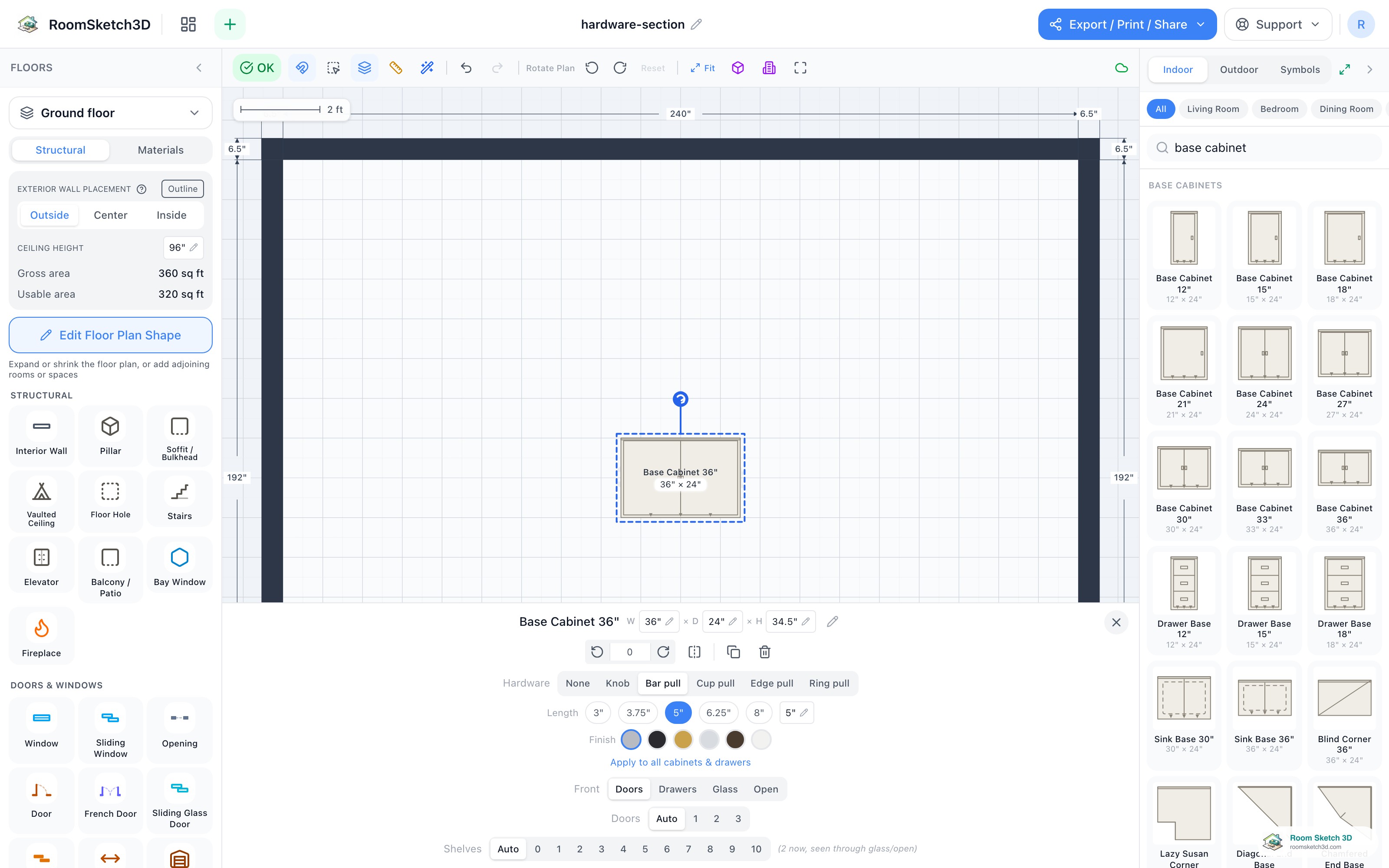 A base cabinet selected with the Hardware row open in the inspector — RoomSketch3D room planner app
