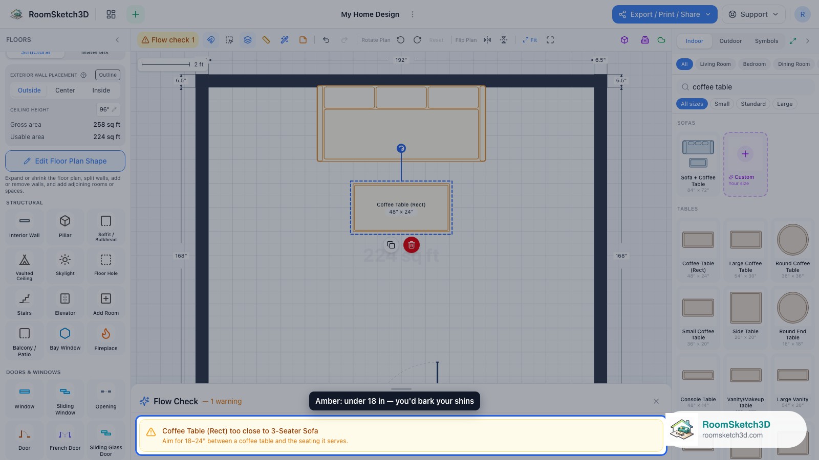 The Flow Check panel showing an amber too-close warning for the coffee table — RoomSketch3D floor planner