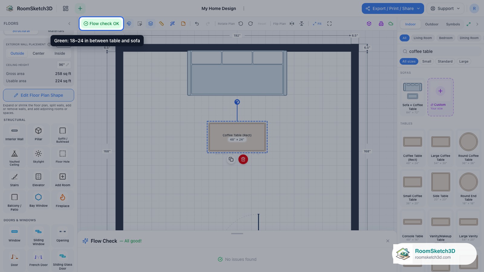 Flow check OK with the coffee table 18 to 24 inches from the sofa — RoomSketch3D home design app