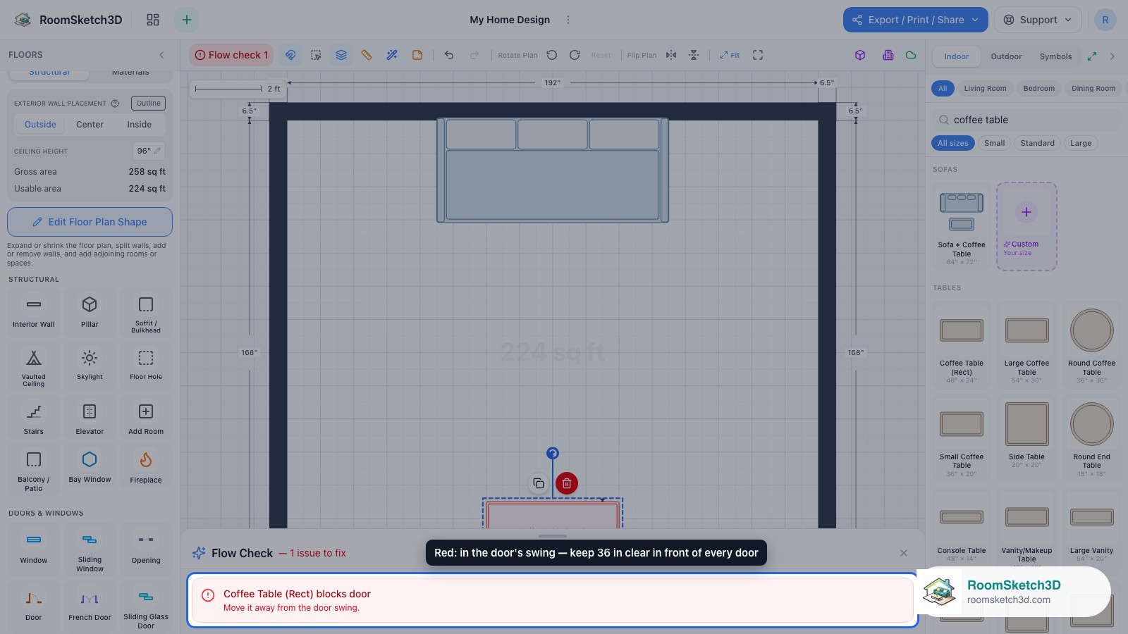 The Flow Check panel showing the red blocks-door error for the coffee table — RoomSketch3D 3D floorplan software