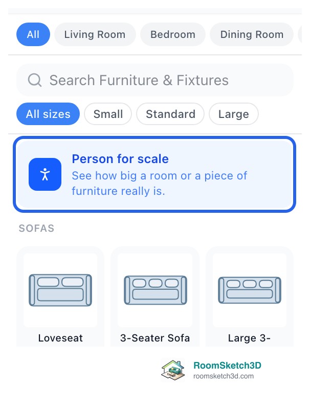 The Person for scale tile at the top of the Furnish panel's All tab in RoomSketch3D, above the sofas