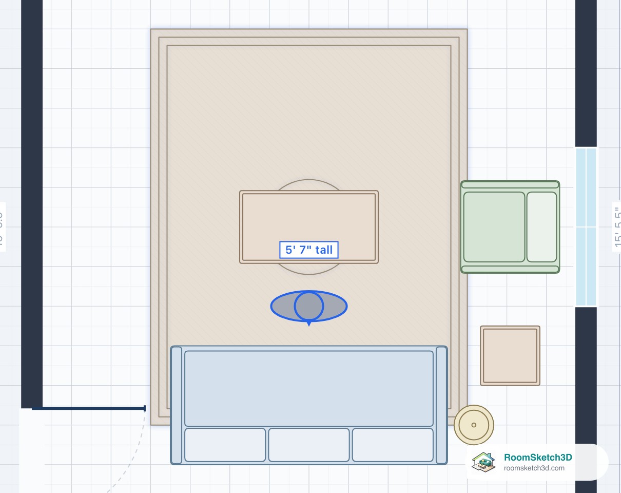 A top-down person standing between the coffee table and the 3-seater sofa on a living-room floor plan in RoomSketch3D
