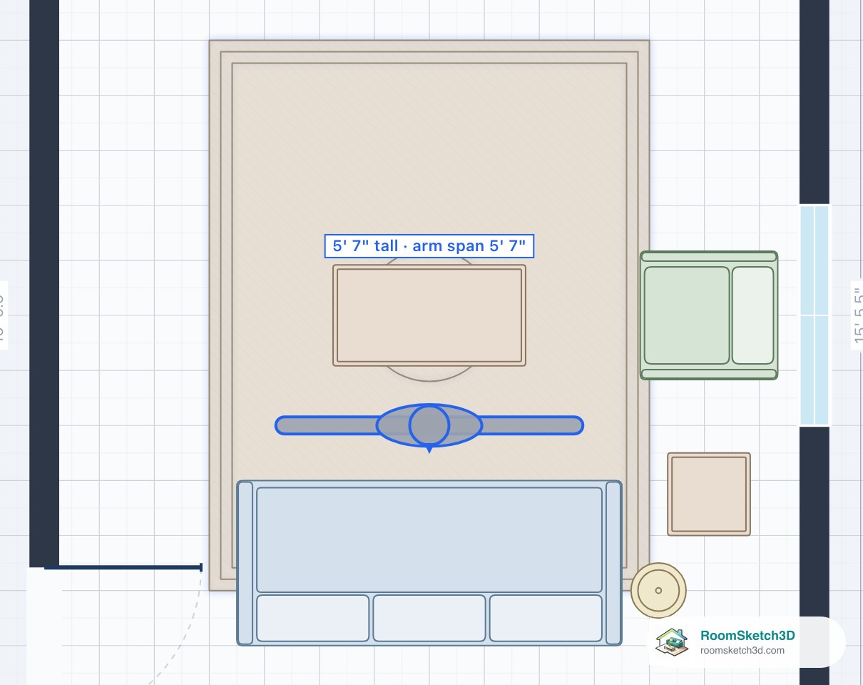 The person with arms out in front of the sofa on a RoomSketch3D plan, labelled 5 feet 7 tall, arm span 5 feet 7