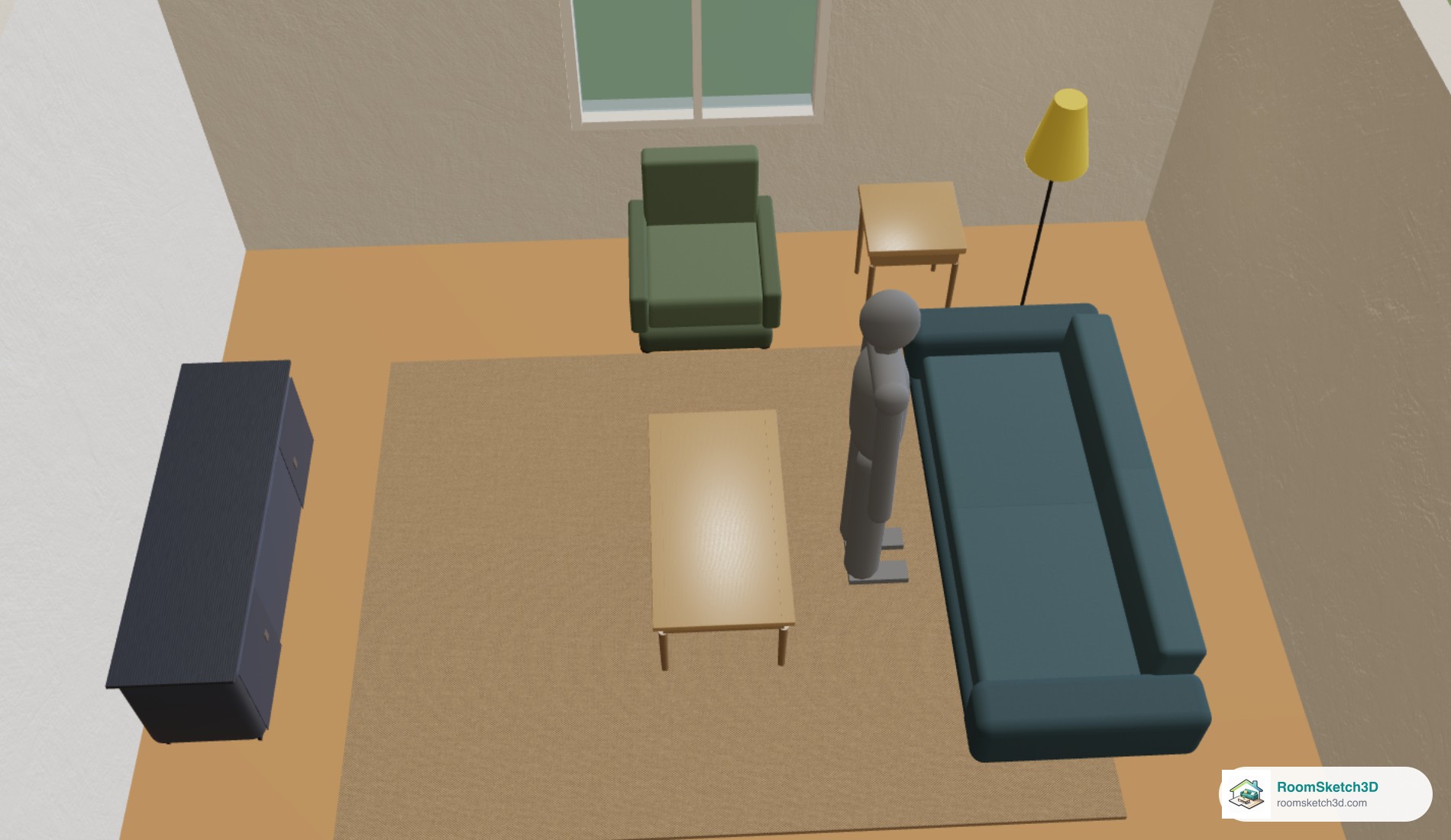 A grey life-size figure standing next to a teal sofa in the 3D view of a living room in RoomSketch3D