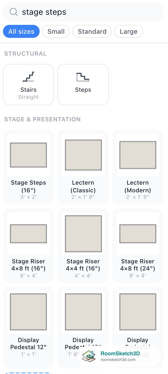 RoomSketch3D furniture search for stage steps showing the structural Stairs and Steps tiles and the Stage and Presentation section: stage steps, two lecterns, three stage risers and three display pedestals