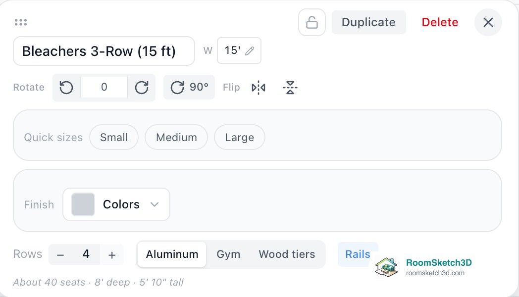 The RoomSketch3D panel for bleachers set to 4 rows, Aluminum style, with Rails on and the summary About 40 seats, 8 feet deep, 5 feet 10 inches tall