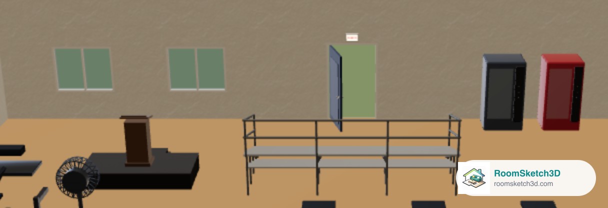A RoomSketch3D gym in 3D with a lectern on a black stage riser, four rows of aluminum bleachers with guard rails, and a red exit sign above the door