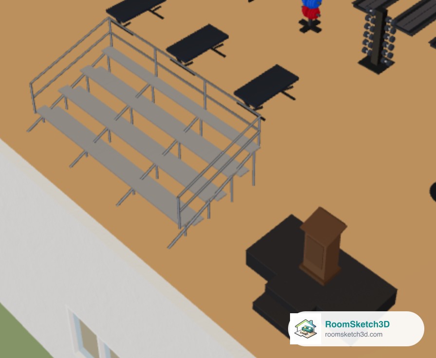 A closer 3D view in RoomSketch3D of aluminum bleachers with guard rails beside a stage riser holding a wooden lectern, with stage steps in front