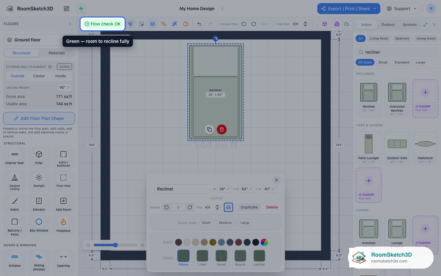 The reclined chair moved forward with Flow check OK — RoomSketch3D home design app