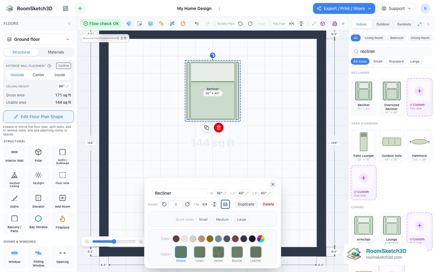 The recliner upright again in its final position — RoomSketch3D room planner app