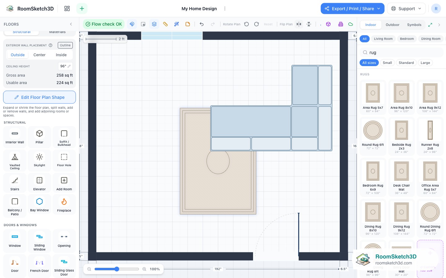 A whole RoomSketch3D floor plan mirrored left to right with the Flip plan control highlighted
