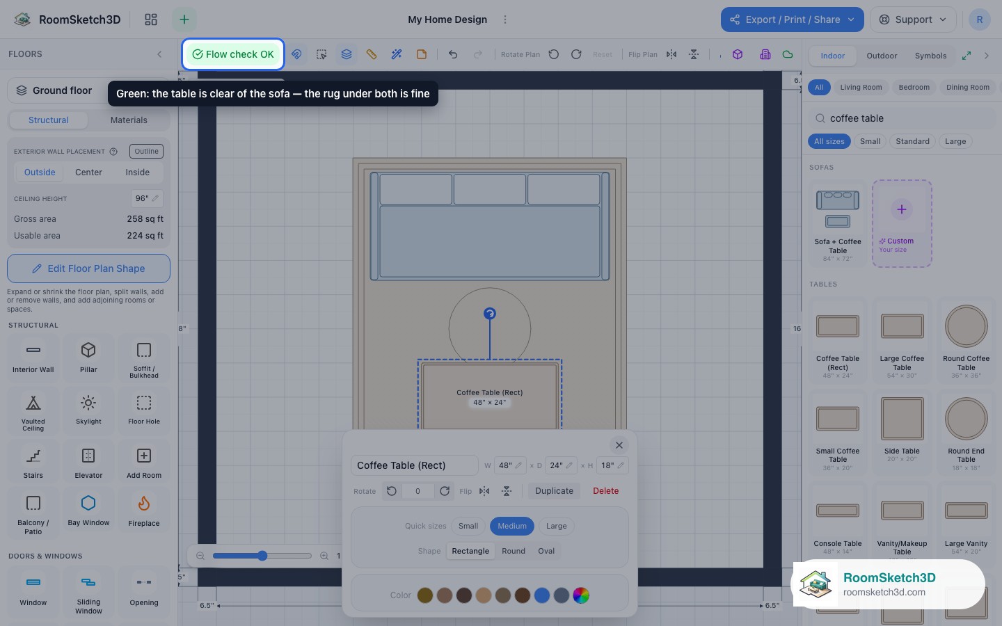 A coffee table on the rug in front of the sofa, with Flow check OK — RoomSketch3D room planner app