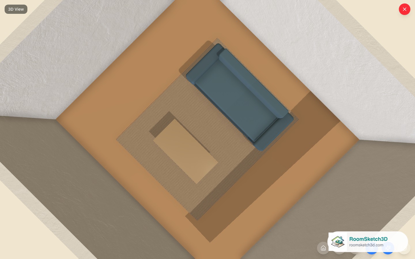 The 3D view looking down into the room with the rug under the sofa and table — RoomSketch3D 3D floorplan software