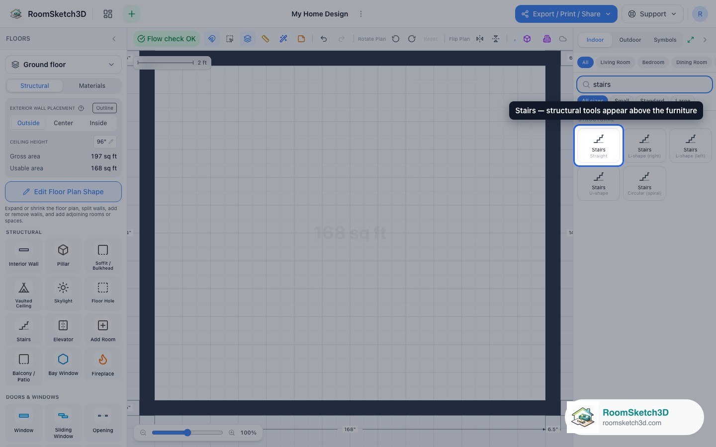 Searching 'stairs' shows the Stairs build tools above the furniture results — RoomSketch3D home design app