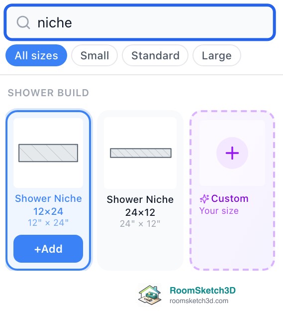 Search for niche with Shower Niche 12×24 selected and its +Add button — RoomSketch3D floor planner