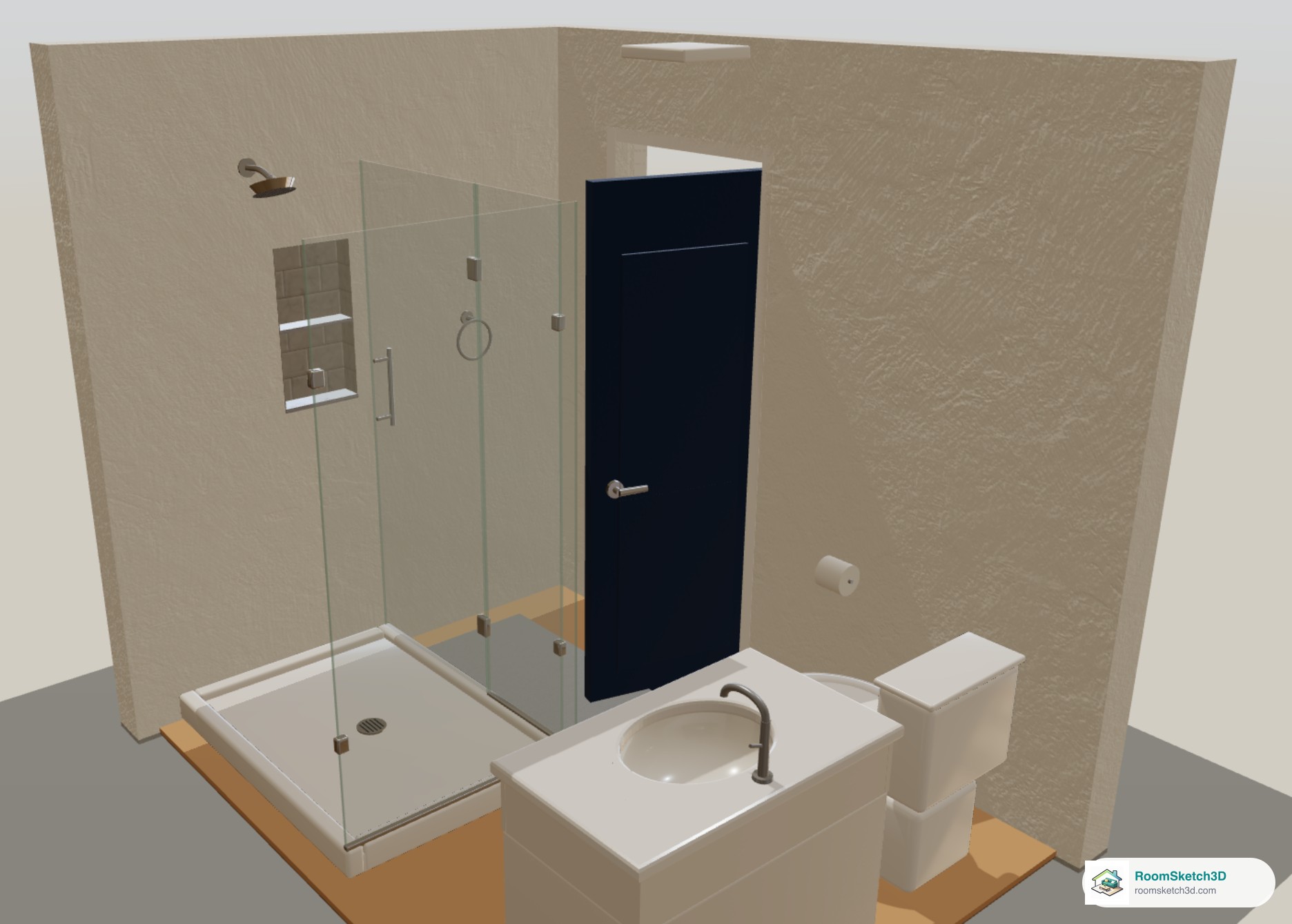 3D view of the Walk-in Shower Bathroom template with a tiled recessed niche with shelf, a wall shower head, glass panels and a drain in the shower base — RoomSketch3D floor plan creator