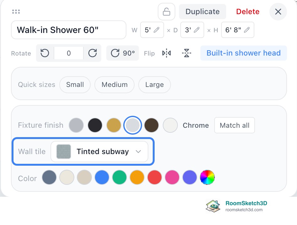 The panel for a Walk-in Shower 60 inch in RoomSketch3D, with the Wall tile button reading Tinted subway highlighted, between Fixture finish and Color