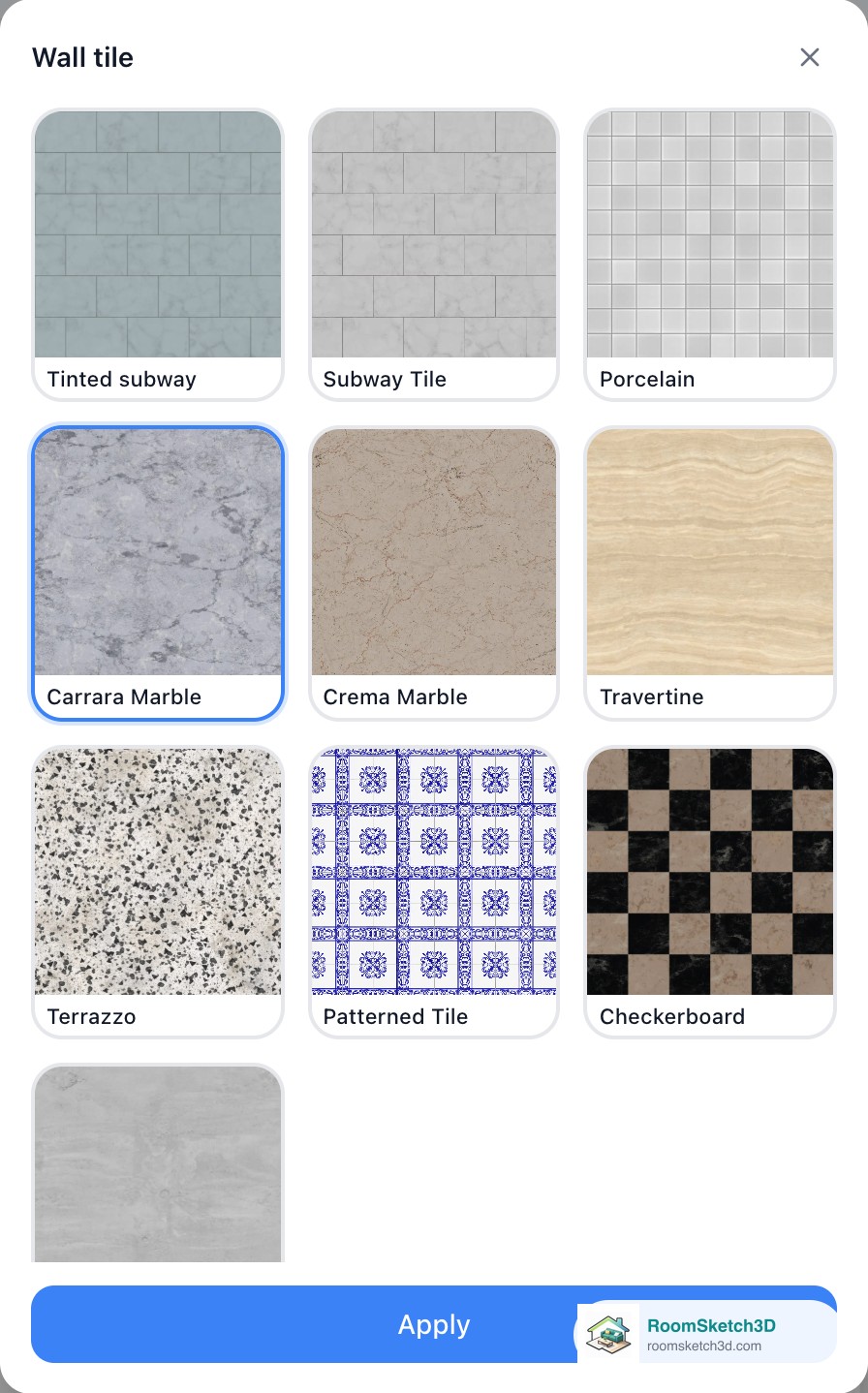 The Wall tile gallery: Tinted subway, Subway Tile, Porcelain, Carrara Marble (selected), Crema Marble, Travertine, Terrazzo, Patterned Tile, Checkerboard and Concrete, with an Apply button — RoomSketch3D floor plan creator