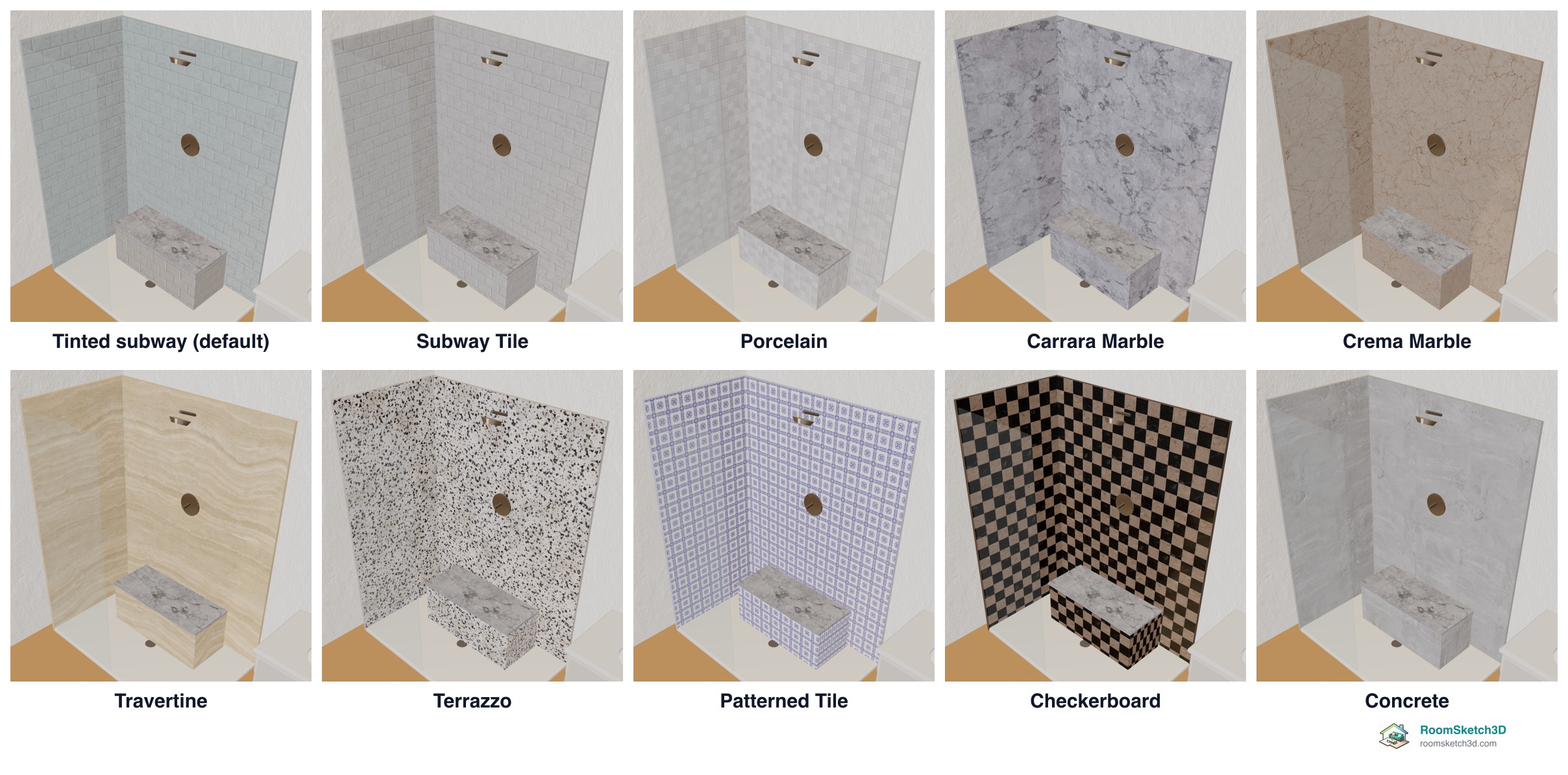 Ten 3D views of the same walk-in shower with a bench, one per wall tile: Tinted subway, Subway Tile, Porcelain, Carrara Marble, Crema Marble, Travertine, Terrazzo, Patterned Tile, Checkerboard and Concrete — RoomSketch3D floor plan creator