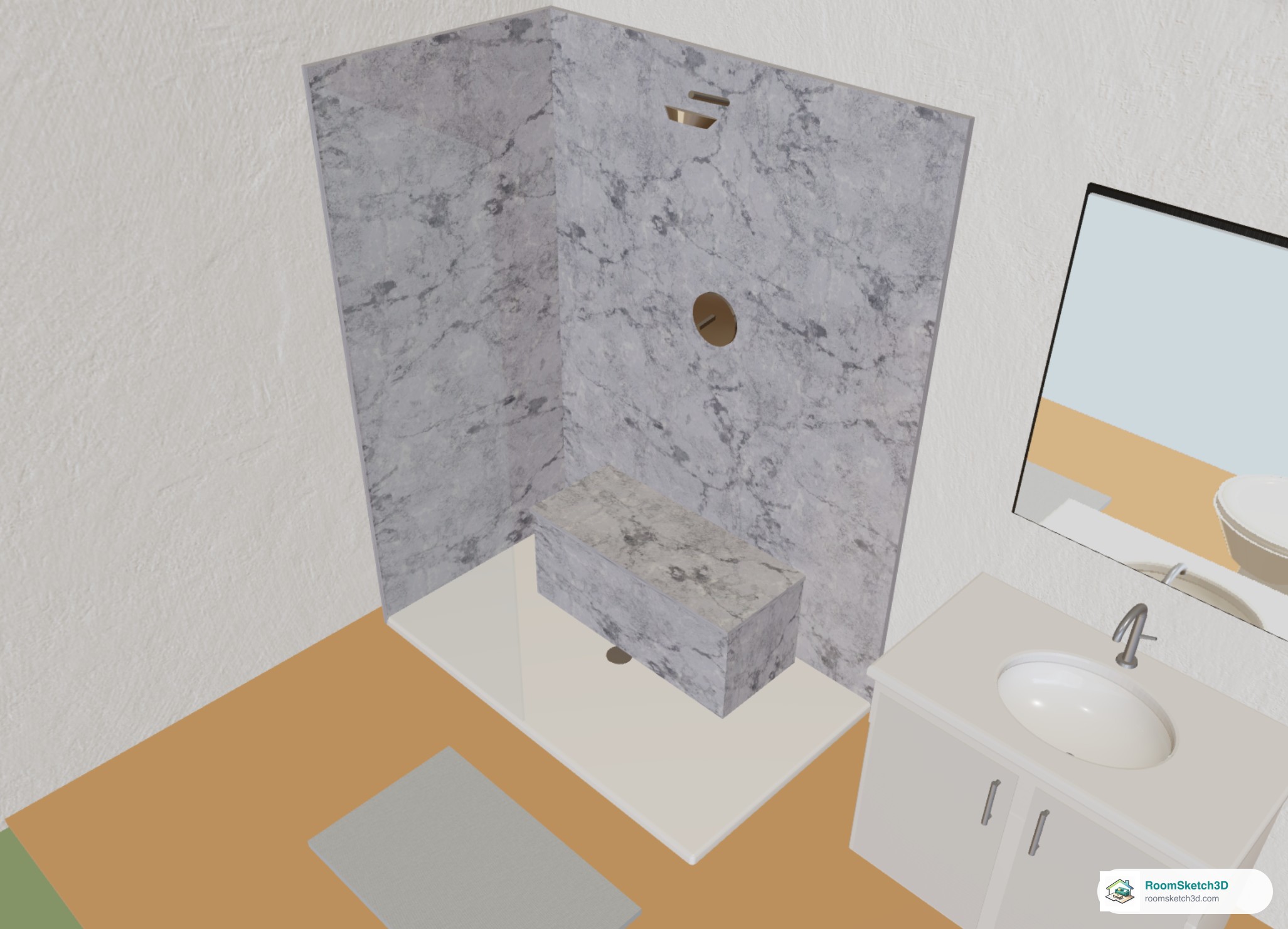 3D view of a bathroom: a walk-in shower with Carrara marble walls and a matching Carrara tiled bench, next to a white vanity and mirror — RoomSketch3D floor plan creator