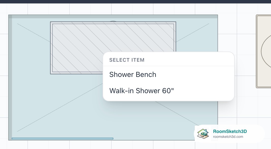 Tapping where a shower bench sits inside a walk-in shower opens a Select item list with Shower Bench and Walk-in Shower 60 inch — RoomSketch3D floor planner