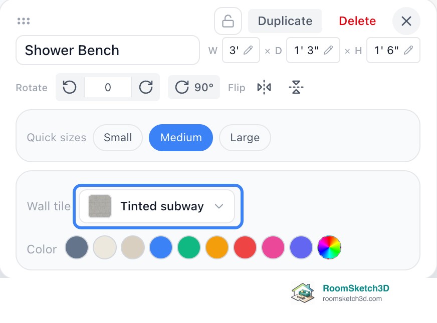 The Shower Bench panel in RoomSketch3D with its own Wall tile button reading Tinted subway highlighted