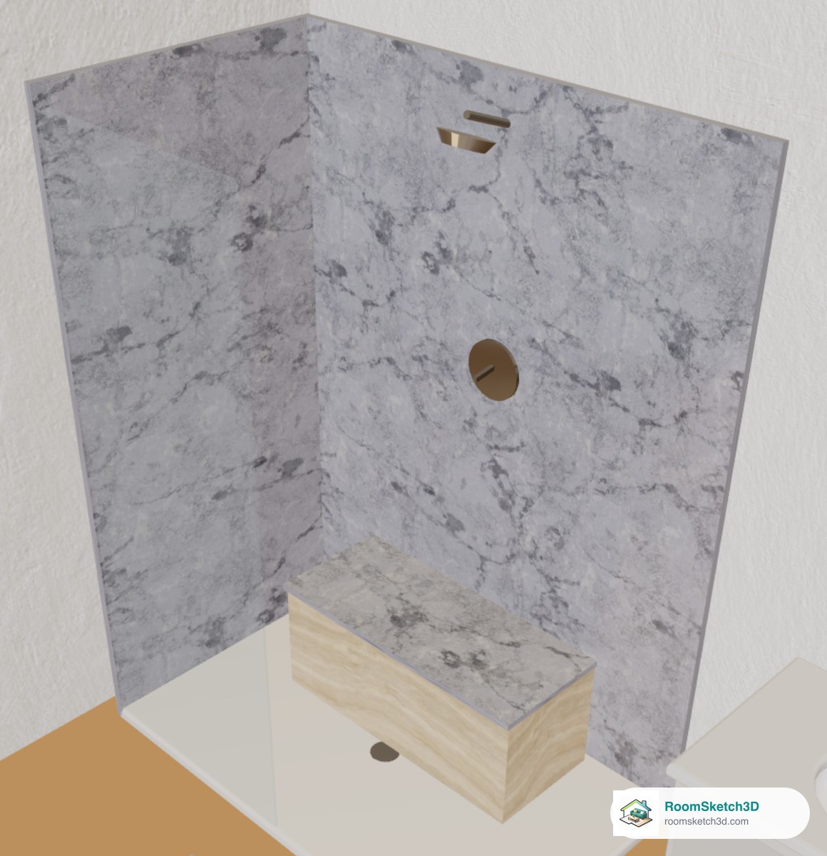 3D view of a walk-in shower with grey Carrara marble walls and a beige travertine tiled bench with a marble cap — RoomSketch3D room planner app