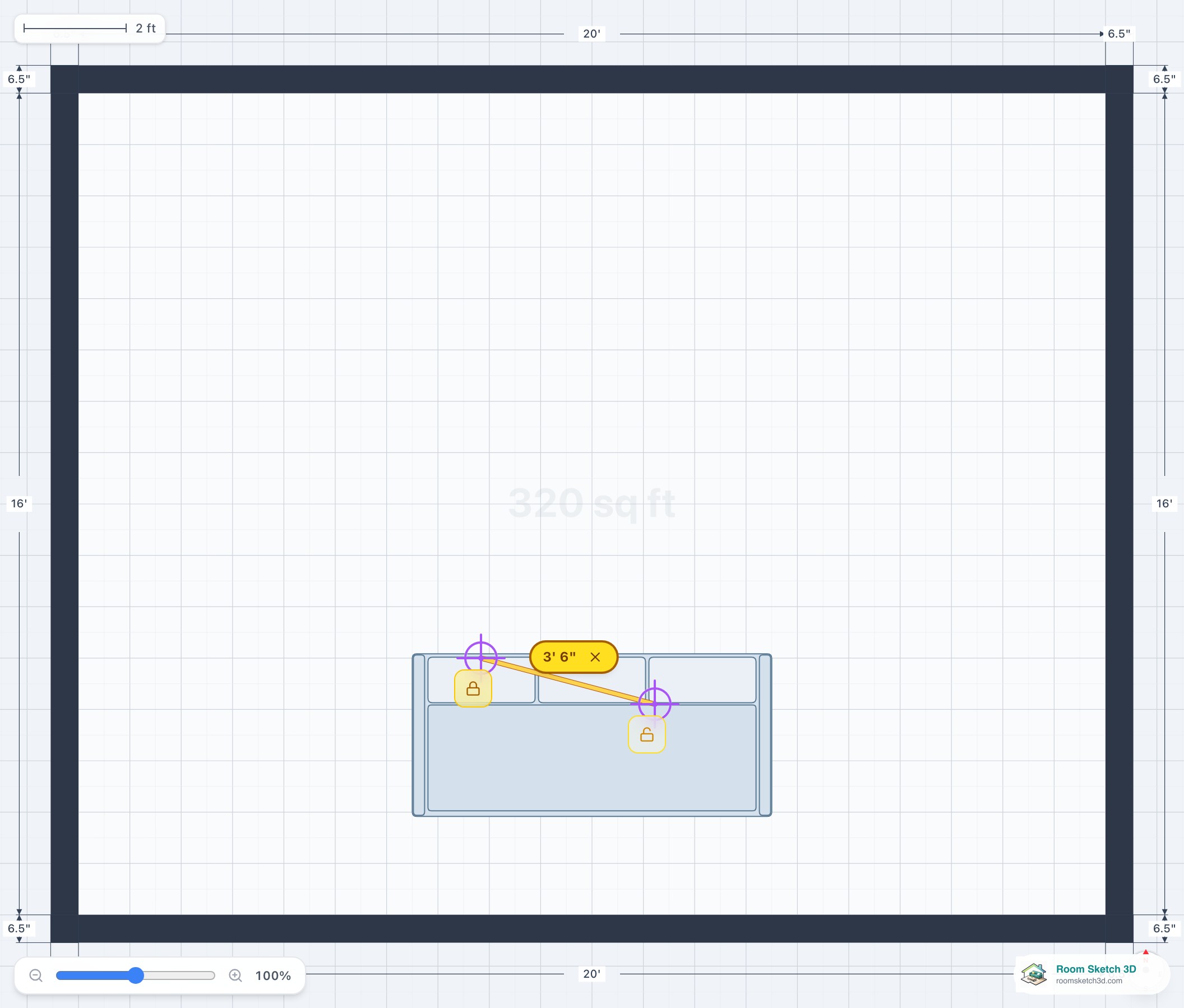 The tape measure stretched across the floor plan showing a live distance