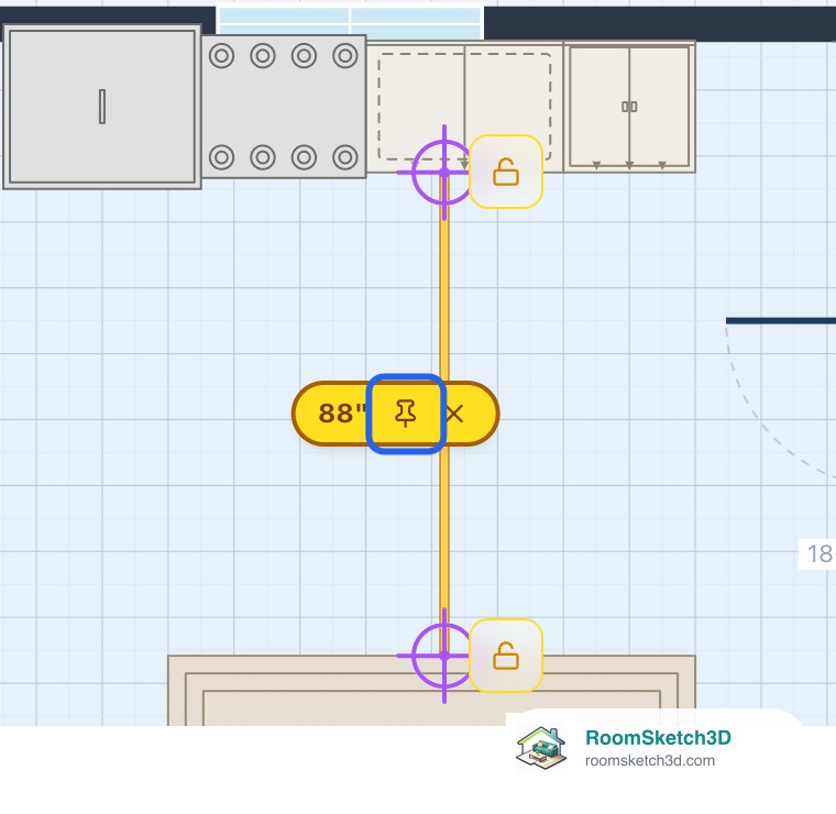The tape measure reading 88 inches between the kitchen counter and the living-room rug, with the pin button highlighted — RoomSketch3D floor plan creator