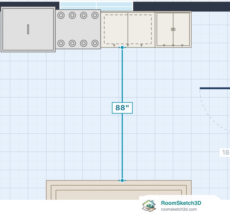 A kept 88-inch measurement shown in blue on the floor plan after the tape is closed — RoomSketch3D 3D floorplan software