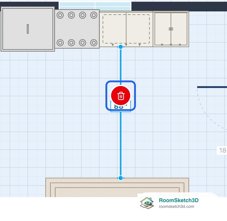 A selected kept measurement with a red trash button to delete it — RoomSketch3D room planner app