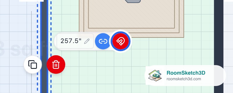 A selected wall's panel with its magnet button highlighted — RoomSketch3D floor plan creator