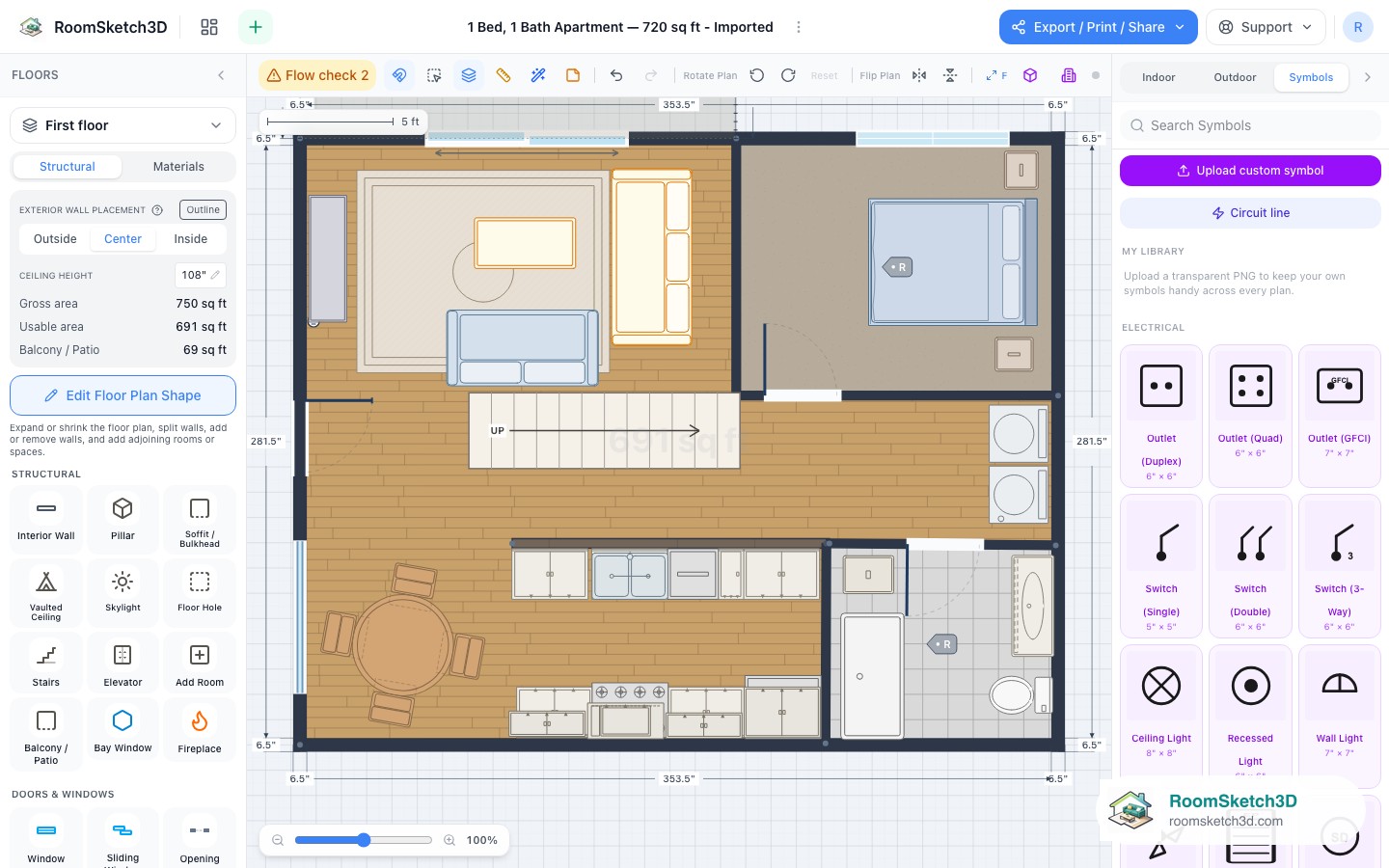 The Symbols panel in RoomSketch3D with the Upload custom symbol button and the My Library section