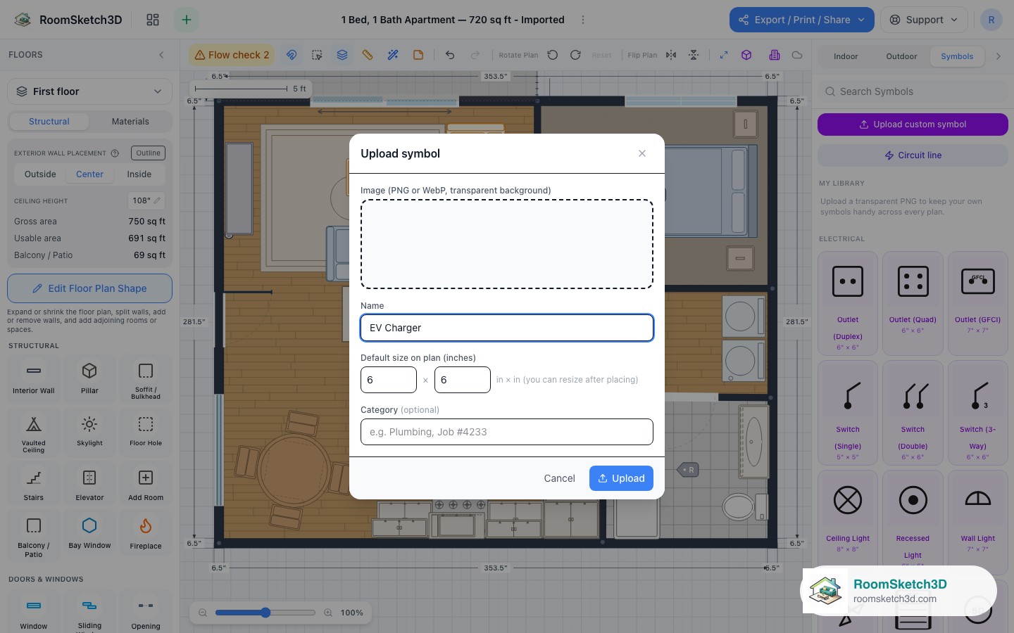 The Upload symbol dialog in RoomSketch3D with an EV charger image preview, a name, and a default size