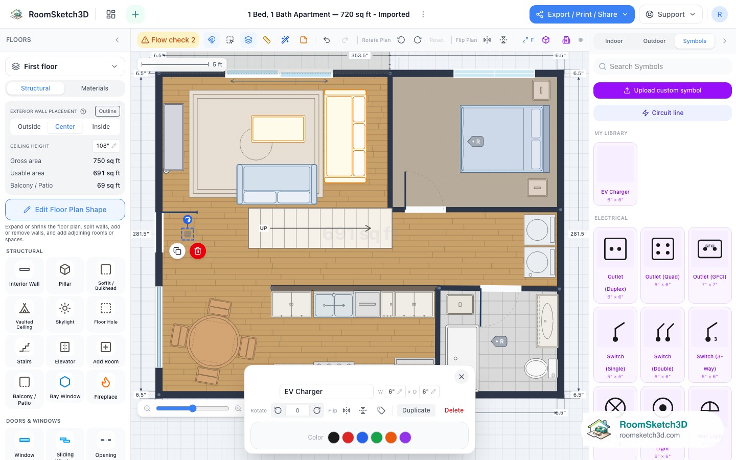 A custom uploaded symbol placed on a RoomSketch3D floor plan next to an outlet